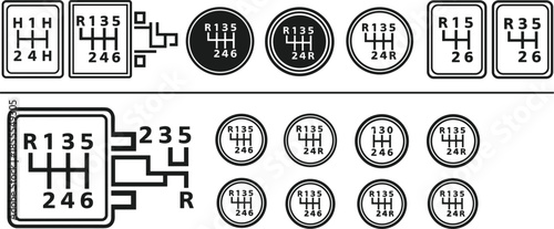 Collection of manual gear shift patterns and symbols for vehicles Keywords: gear shift, manual transmission, car, vehicle