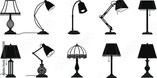 Collection of Ten Black Silhouette Desk and Table Lamps in Various Styles Keywords: lamp, light, lighting, desk lamp, table lamp