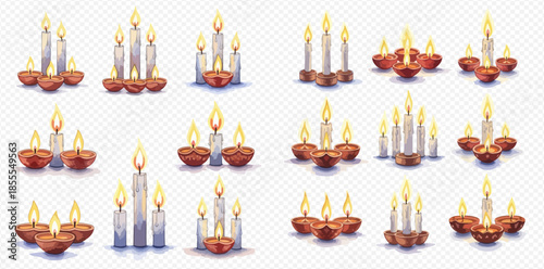 Set of realistic vector illustrations of burning candles and oil lamps for various celebrations.