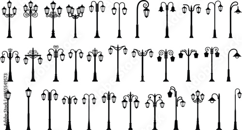 Diverse collection of black silhouette street lamps in various ornate and simple designs lampposts lighting
