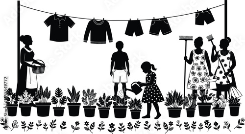 Family Silhouetted Doing Chores and Gardening with Laundry Hanging Keywords: family, silhouette, gardening, laundry, chores