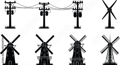 Four Black Silhouette Windmills and Two Electricity Poles with Transformers Keywords: windmill, wind turbine, electricity, power