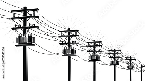 Row of black silhouette electricity poles with transformers and wires Keywords: electricity, power, pole, transformer, wire