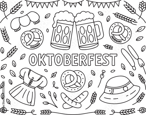 Oktoberfest celebration icons set with beer mugs pretzels sausages traditional dress and hat on transparent checkered background
