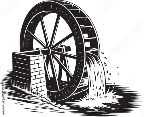 Vintage black and white illustration of a large overshot water wheel mechanism powered by flowing stream of water