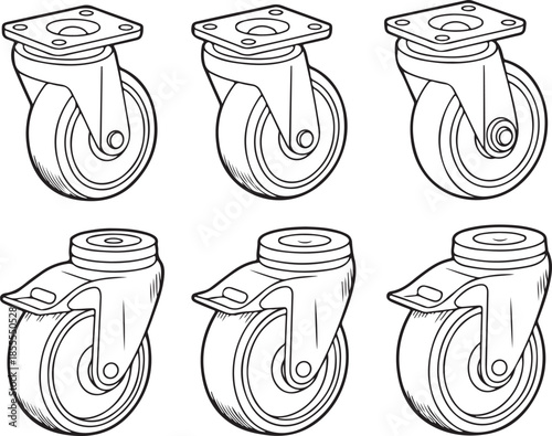 Caster wheel collection showing various industrial rollers with plate and stem mounts for furniture and heavy equipment transport