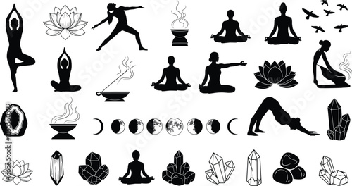 Yoga poses lotus flowers and meditation symbols in black silhouette