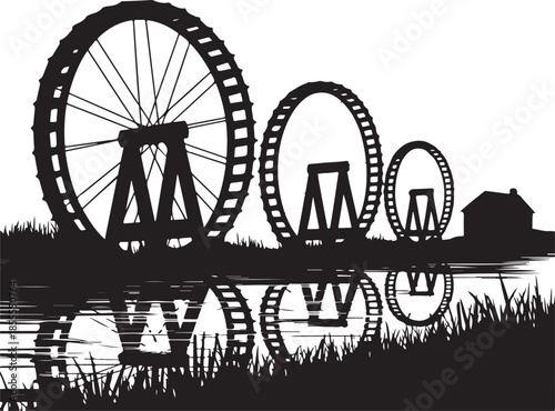 Water wheel silhouette vector graphic illustration vintage machinery drawing showing agricultural irrigation power system structure reflection