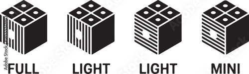 Four isometric cube icons labeled full light and mini representing visual weight or density variation for graphic work