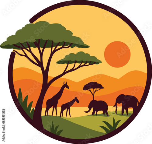 African savanna wildlife scene with giraffes and elephants under a vibrant sunset.
