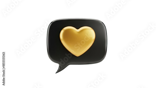 3D Golden Heart Inside Black Speech Bubble Icon on transparent background