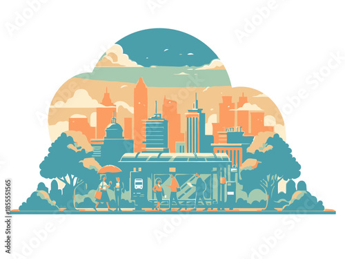 Illustration of a modern cityscape with buildings, trees, and people walking on the street