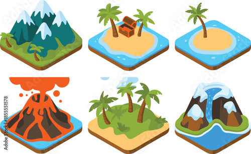 Isometric game world landscape tiles featuring snow mountains tropical islands treasure chests volcanoes and forest waterfalls
