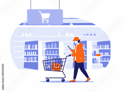 A man wearing a mask and an orange jacket pushing a shopping cart in a supermarket with shelves