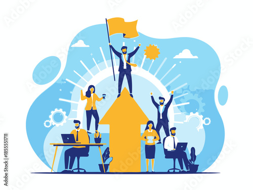 Team of diverse people celebrating success with a flag on a mountain top