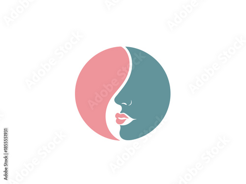 Minimalist face logo with half pink and half blue colors representing gender balance and harmony