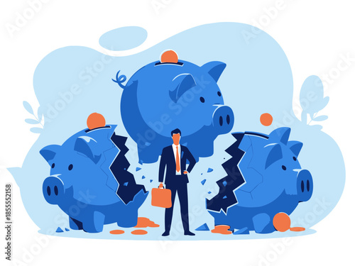 Businessman standing in front of three broken piggy banks with coins scattered around