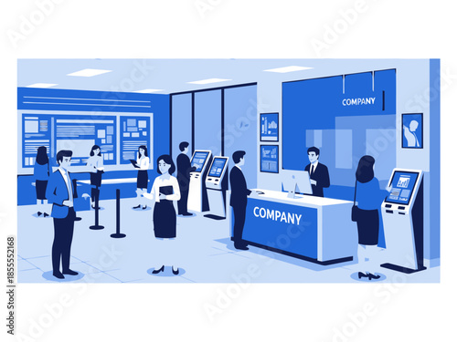 People standing in line at a company service desk with employees assisting them