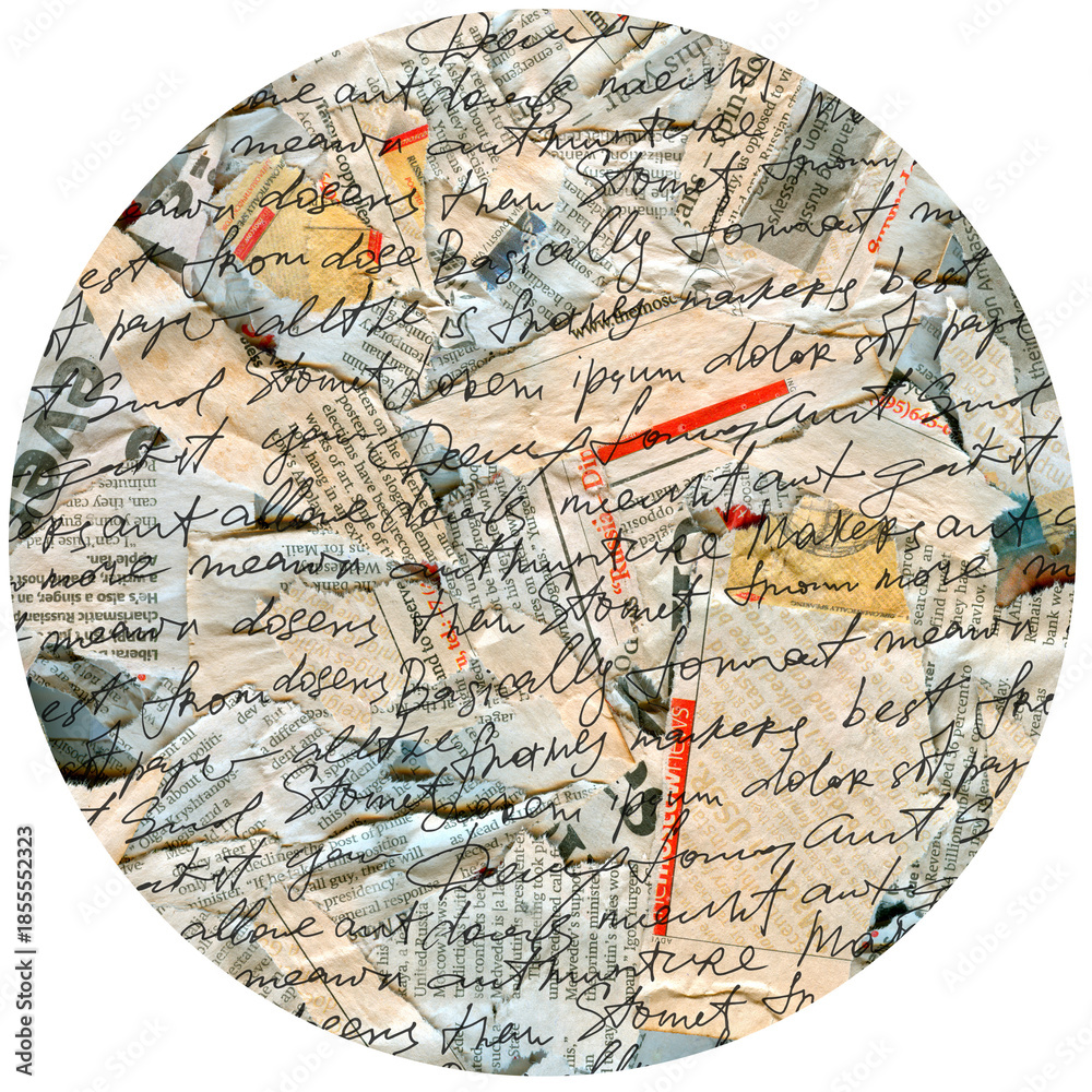 Fototapeta premium Circular Round Collage Of Handwritten Text Over Layered Newsprint And Paper Fragments