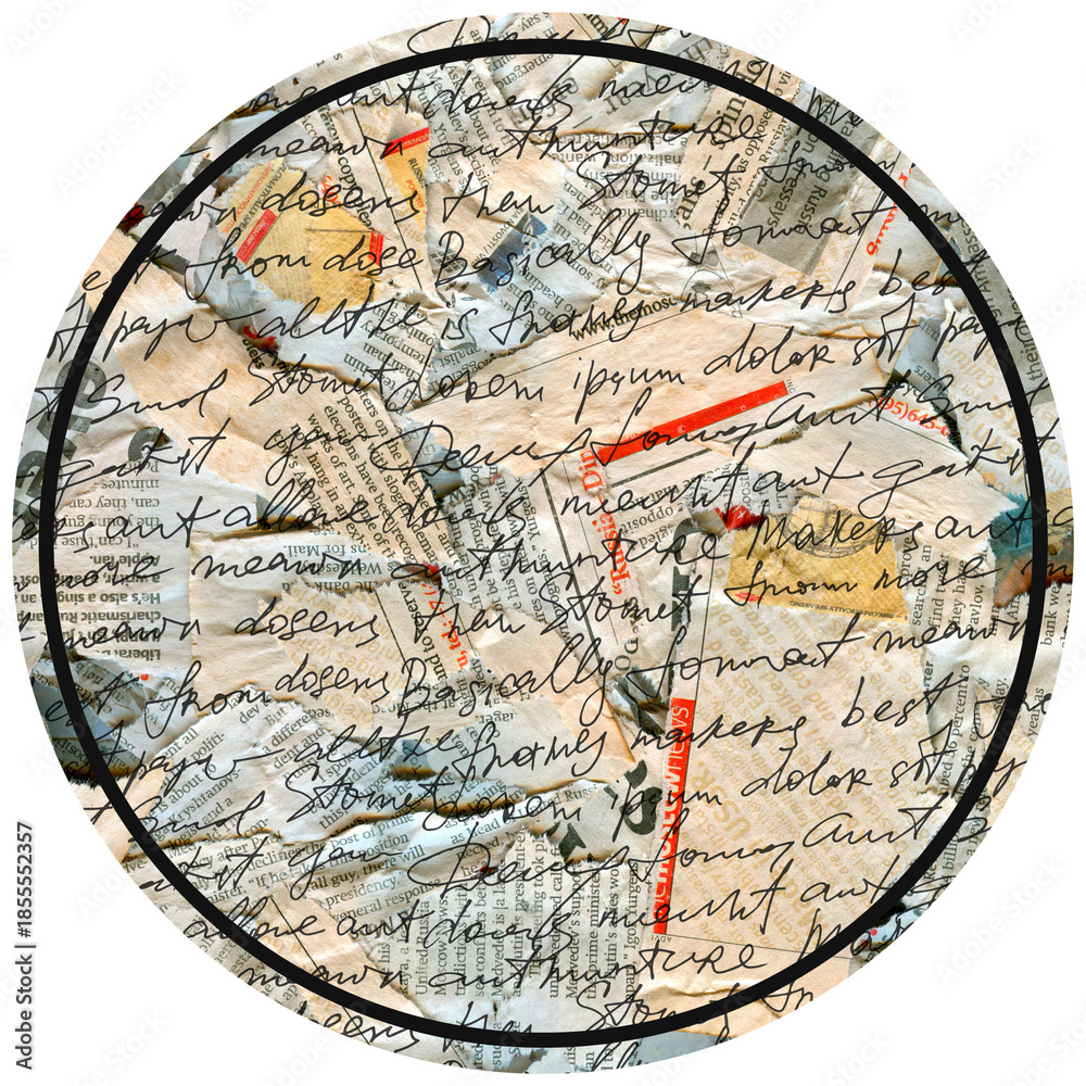 Fototapeta premium Circle Label Tag Abstract Handwritten Script Over Vintage Newspaper Collage With Torn Paper Texture And Red Lines 