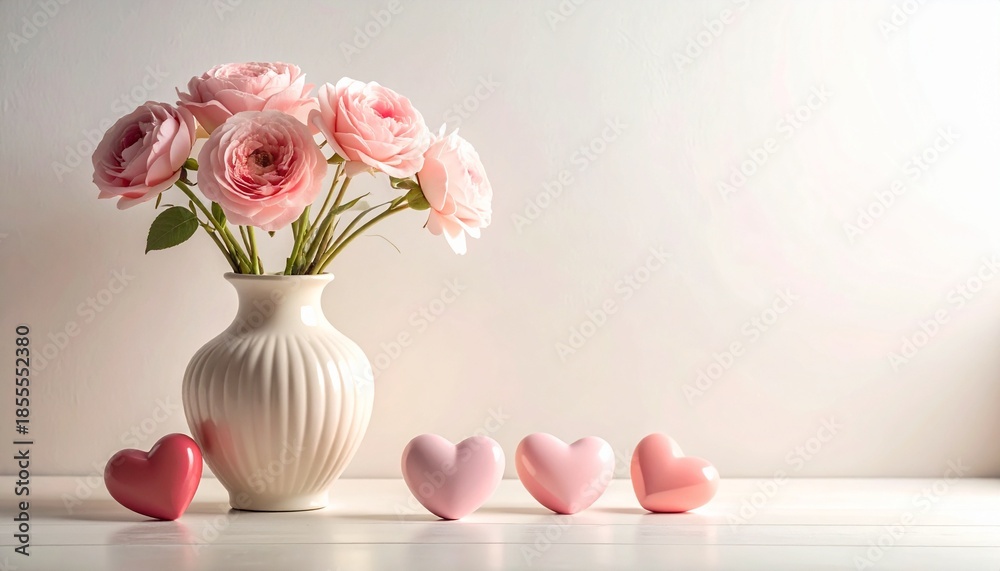 Fototapeta premium Pink roses in white vase with heart-shaped decorations