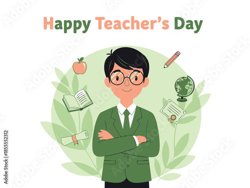 Happy teachers day with a smiling teacher wearing glasses and a green suit, surrounded by educational elements