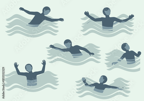Silhouettes of people swimming in wavy water, some with arms raised.