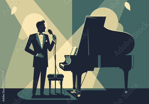 Man in tuxedo sings into microphone beside grand piano on stage.