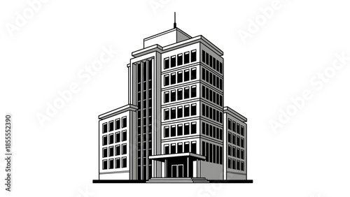 Monochromatic illustration of a sophisticated corporate building, representing urban professional environments, business operations, and architectural design