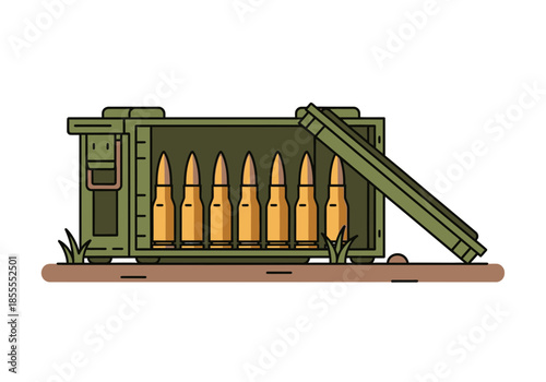 Green ammunition box filled with golden bullets and a partially open lid.
