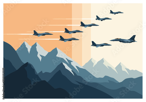 Fighter jets fly in formation over a mountain range.