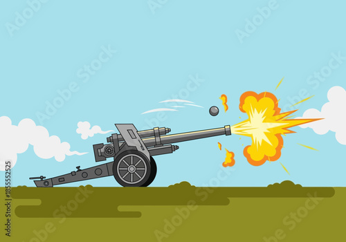 Artillery cannon firing with smoke and explosion.