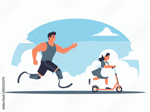 A man with a prosthetic leg running and a child on a scooter in a blue sky with clouds