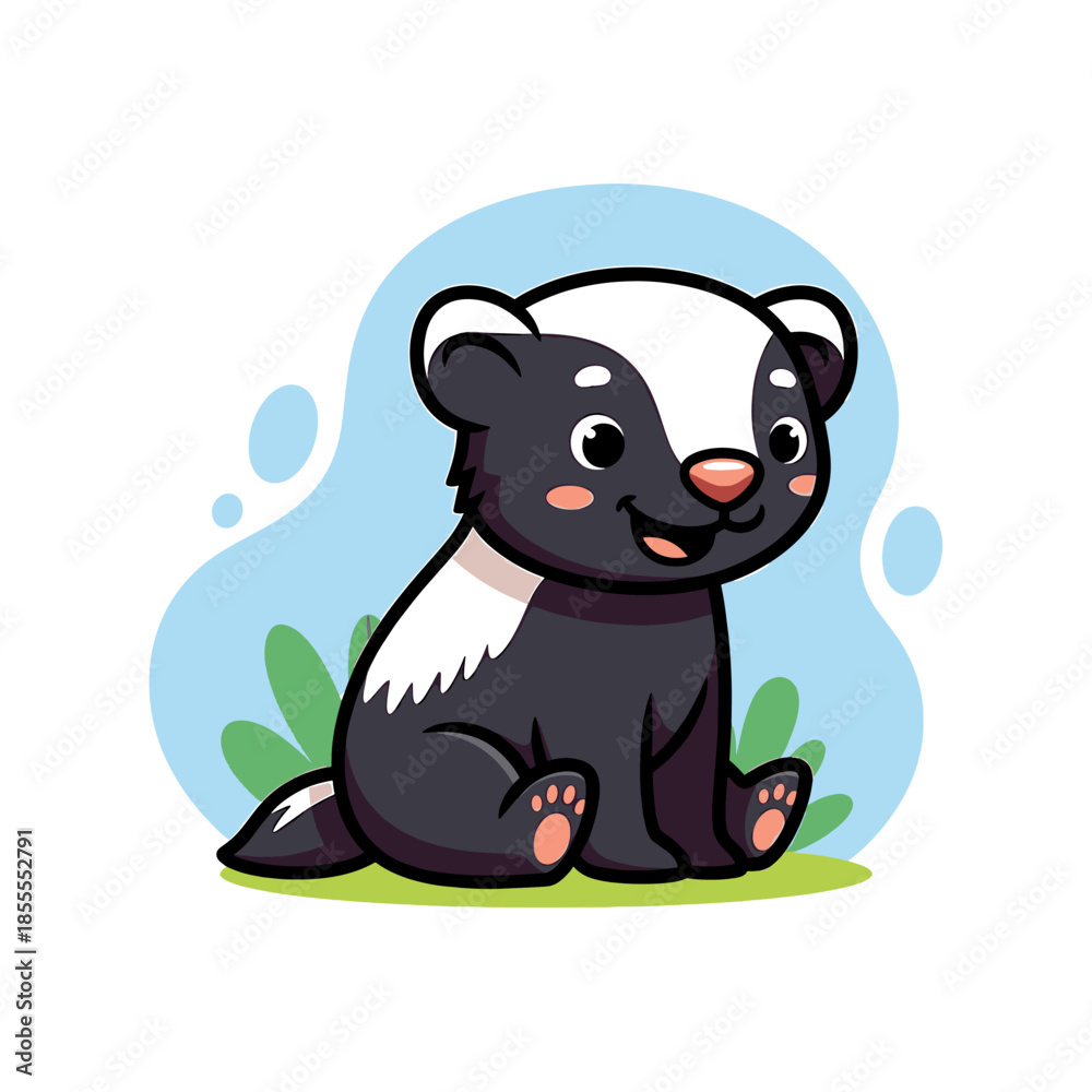 Fototapeta premium A cartoon skunk sitting on green grass with a blue background and green leaves, looking cheerful with a white stripe on its forehead.