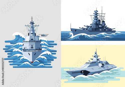 Three warships sailing through choppy water.