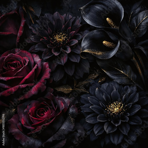 Gothic style dark floral background with black blossoms rich burgundy roses and luxury mood.