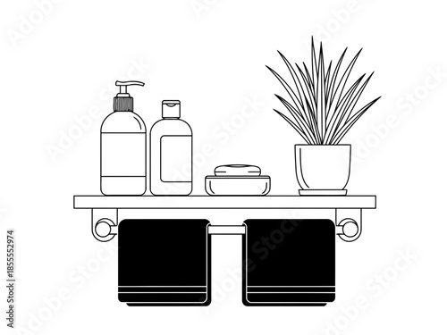 Bathroom shelf with towels, soap dispenser, and potted plant on a