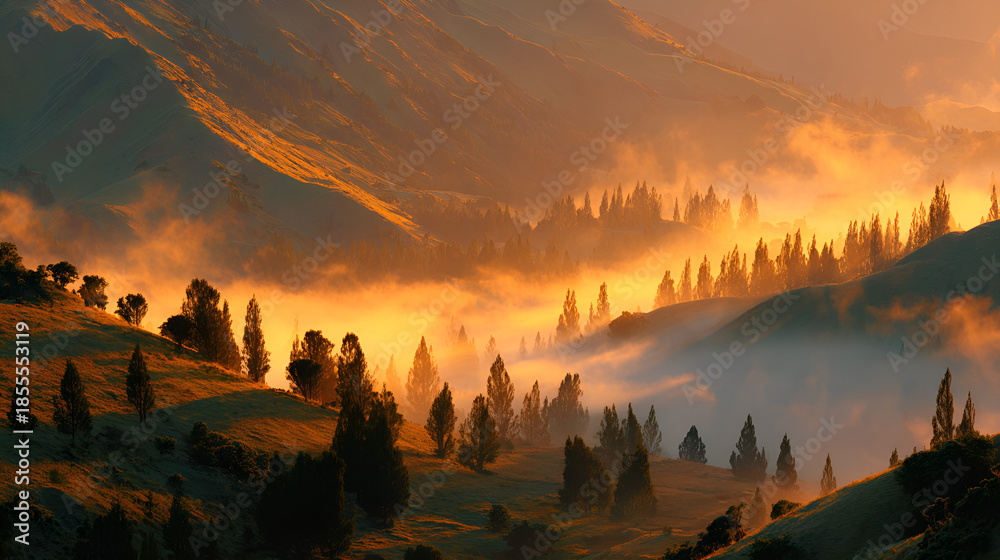 Obraz premium Commercial photos of natural scenery, mountain forests, morning fog and sunrise 