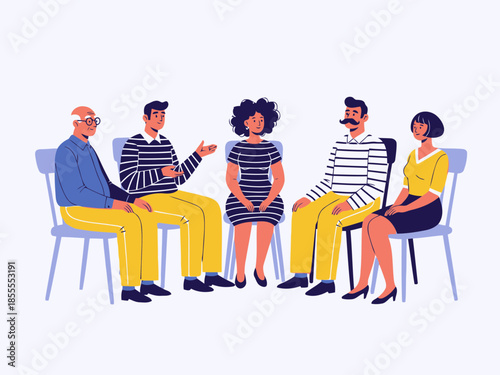 Group of five people sitting on chairs in a circle having a discussion