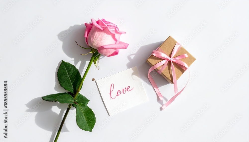 Fototapeta premium Pink rose with gift box and love card on white background