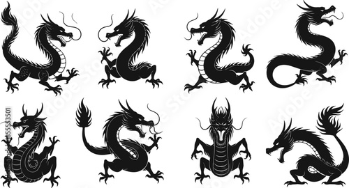 Black Silhouettes of Mythical Dragons in Dynamic Poses on White Background creature fantasy