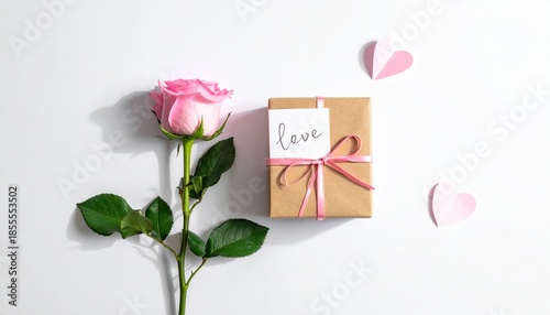 Wallpaper Mural Pink rose with gift box and love note on white background Torontodigital.ca