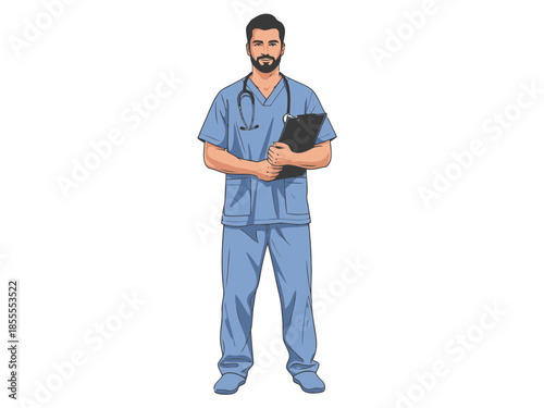 A male doctor wearing blue scrubs and a stethoscope holding a tablet device