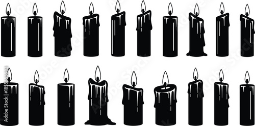 Collection of black silhouette candles with dripping wax and flames Keywords: candle, silhouette, black, dripping wax, flame