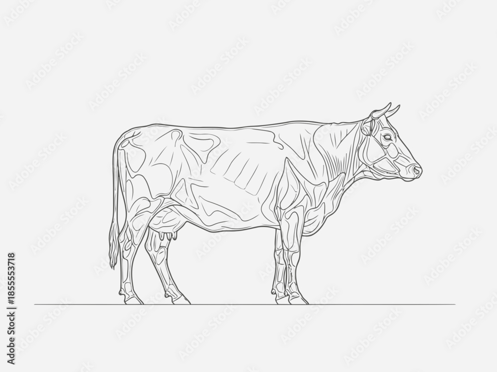 Fototapeta premium Black and white sketch of a cow standing on a