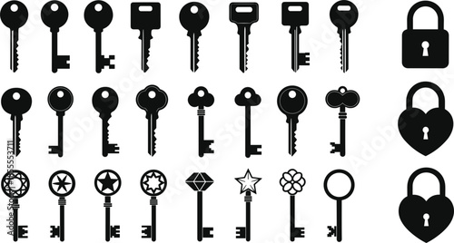 Collection of Black Silhouettes of Keys and Padlocks on White Background vector illustration