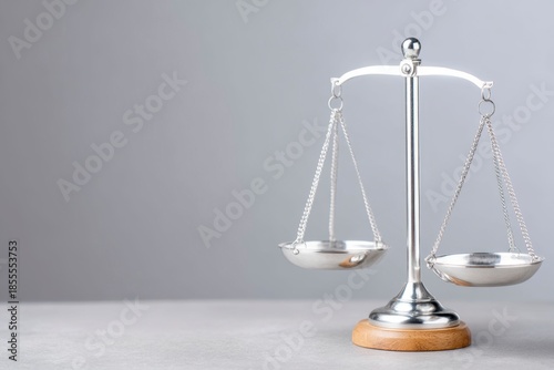 photo of a silver balance scale on a gray background, symbolizing justice and the law. web banner with copy space.
