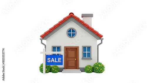 3D Cartoon House with For Sale Sign on transparent background