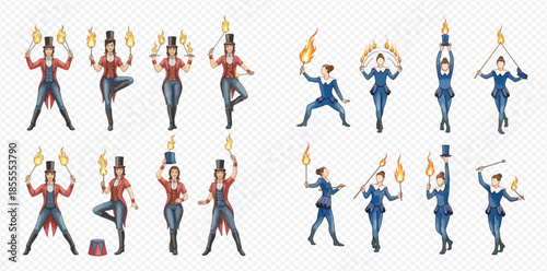 Set of circus performers juggling and balancing with fire and props, vector illustration.