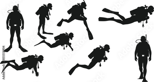 Diverse Black Silhouettes of Scuba Divers in Action Underwater on White Background vector illustration
